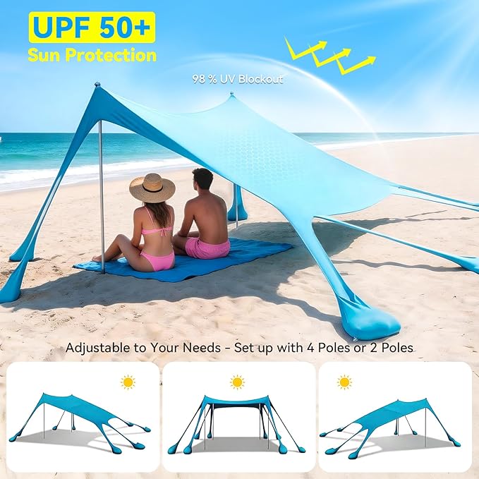 Beach Tent Sun Shelter - 10x10FT Beach Shade Canopy UPF50+ Protection Easy Setup, with 8 Sandbags, 4 Stability Poles, Sand Shovel, Ground Spikes, Outdoor Shade for Sand, Camping, Fishing