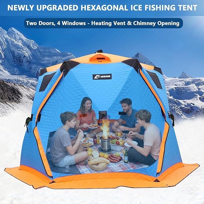Upgraded 6–12 Person Insulated Ice Fishing Tent with Stove Jack, Dual-Layer 210D Oxford Thermal Shelter, 2 Doors 4 Windows, Pop-Up Ice Shanty for Winter Camping, Outdoor Use Silver-8-12Person