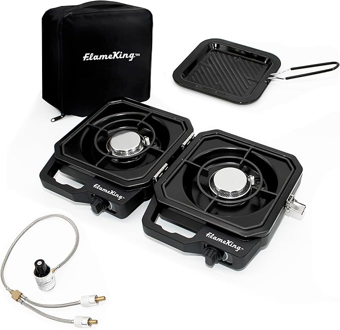 Flame King CampactCooker, Dual Burner Propane Camping Stove with Detachable Grill, Portable Foldable Cooking Stove 12,000 BTU, for Camping, Patio, Emergency, Hiking (Black)