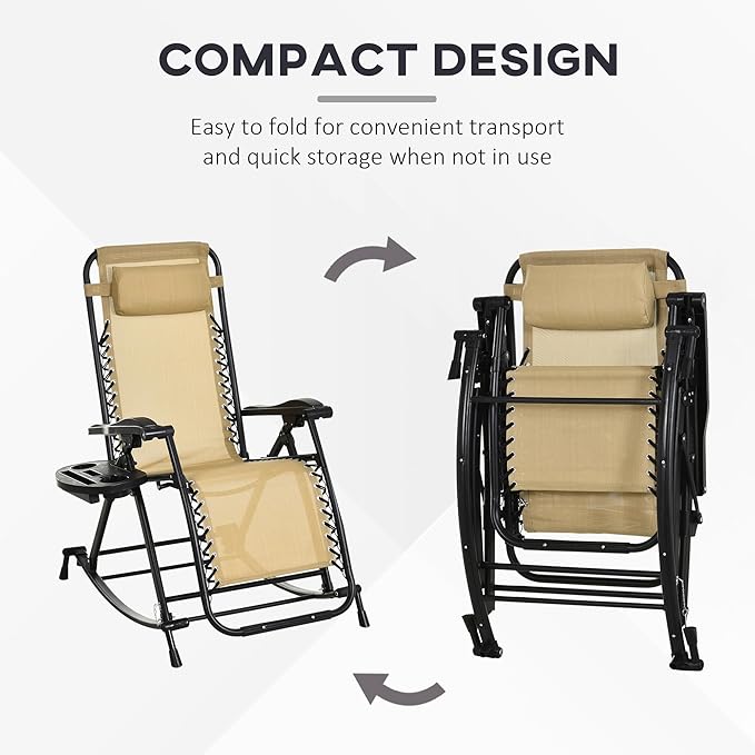 Outsunny Outdoor Rocking Chairs, Foldable Reclining Zero Gravity Lounge Rocker with Pillow, Phone & Cup Holder, Combo Design with Folding Legs, Beige