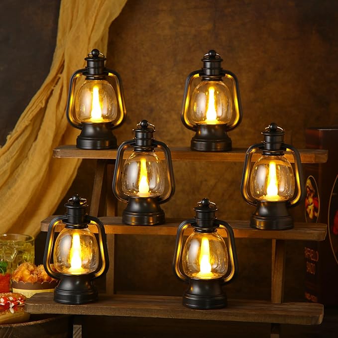 Ferraycle 6 Pcs Mini Lantern Decor 4 Inch Western Lantern Table Centerpiece Small Vintage Camping Hanging Lamp Ornaments Bulk for Cowboy Cowgirl Wedding Halloween Christmas (6 Inch,Black)