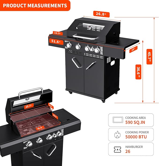 4 Burners Propane Gas Grill with Visual Glass, 50,000 BTU Propane Grill with Side Burner, Double-Layer Lid, Stainless Steel Grate,Outdoor Cook BBQ Grill for Patio, Camping, Backyard