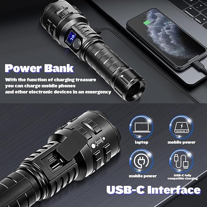 Flashlights High Lumens Rechargeable, 1000000 High Lumens Super Bright Handheld LED Flash Light, Powerful Emergency Linternas, Waterproof, Long Lasting, for Hiking Camping Gift