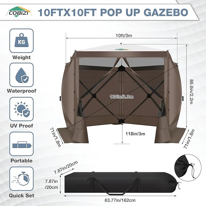 COBIZI Pop Up Gazebo Screen Tent Screen House for Camping, 10FTx10FT Screen Room with Mosquito Netting, Hub Tent Instant Screened Canopy with Carrying Bag and Ground Stakes, Brown