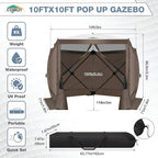 COBIZI Pop Up Gazebo Screen Tent Screen House for Camping, 10FTx10FT Screen Room with Mosquito Netting, Hub Tent Instant Screened Canopy with Carrying Bag and Ground Stakes, Brown