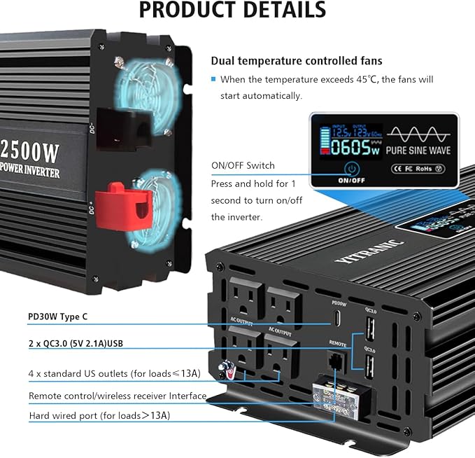 2500W Pure Sine Wave Inverter 12V DC to 120V AC, with164ft Wireless Remote & Dual USB/Type-C Fast Charging for RV, Home Emergency, Off-Grid Solar, Upgraded of 2000 watt Inverter
