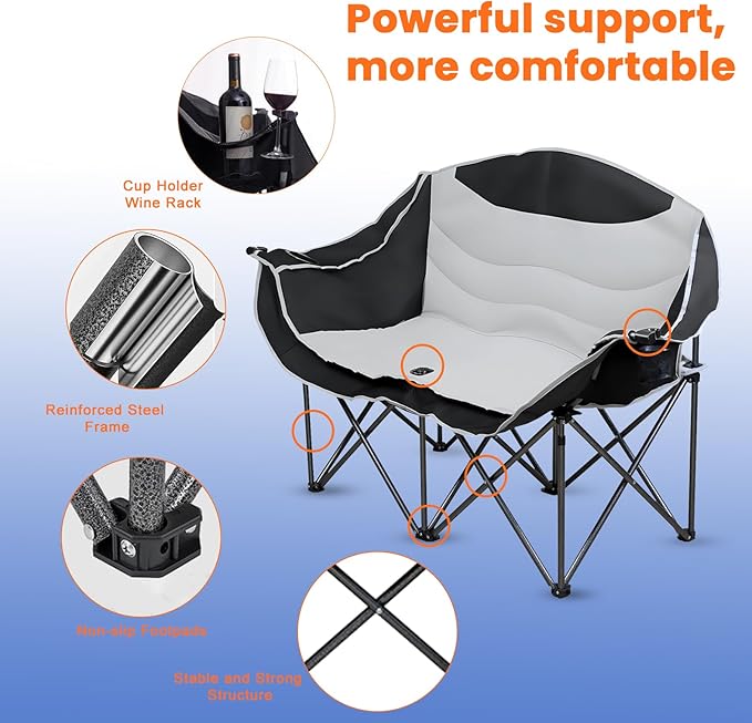 Double Camping Chair Loveseat with Cup Holders, 2 Person Folding Outdoor Chair, 550lbs Heavy Duty, 600D Oxford Fabric Padded Seat, Portable Camping Couch for Camping and Sports Event