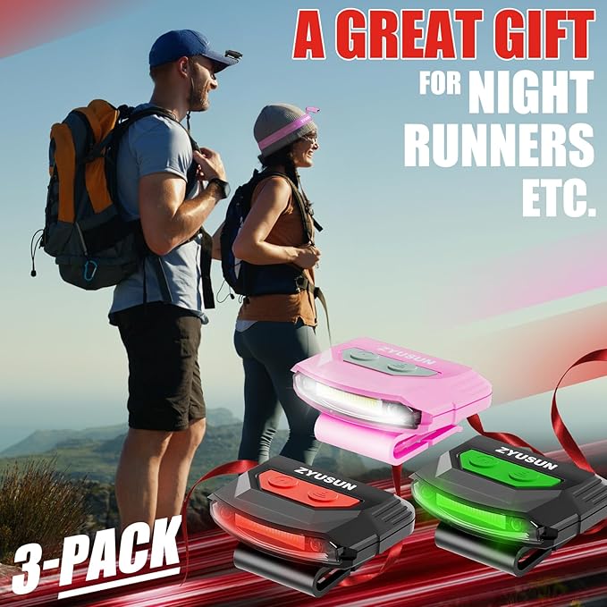 3-Pack Rechargeable Cap Light,Portable headlamps,Clip on Hat with Motion Sensor,Lightweight IPX4 Waterproof,Night Vision LED Lights for Hunting Fishing Camping Hiking Cycling (Green+Red+Pink)