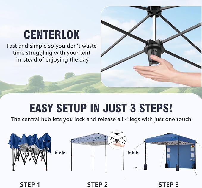 10X10 Pop Up Canopy Tent,Removable Pockets Sidewall for Extra Storage,Easy Up Canopy,Heavy Duty One Person Set Up Event Tent,Blue