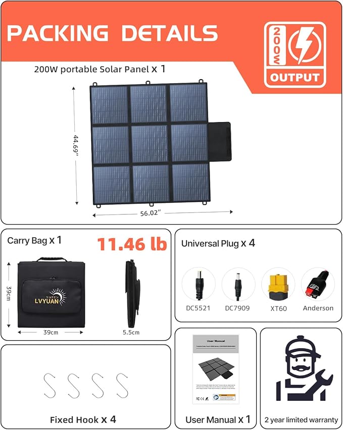 LVYUAN 200W Portable Solar Panel, 24V Foldable Pillow-Sized Solar Panel IP64 Waterproof, Upgraded 23% Efficiency for Solar Power Station Generator for Outdoor Camping Backpacking Hiking