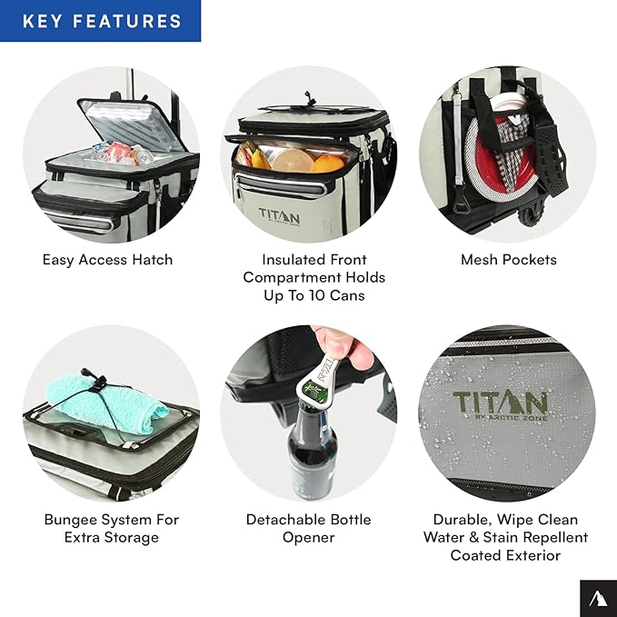 Titan Deep Freeze 60 (50+10) Can Wheeled Cooler - Collapsible Rolling Cooler with Wheels and All-Terrain Cart