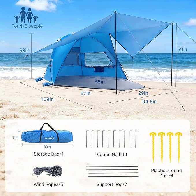 Elegear Beach Tent with Canopy, 1-Second Setup Pop Up Sun Shelter Shade, UPF 50+ UV Protection Silver-Coated Lightweight Portable Beach Cabana