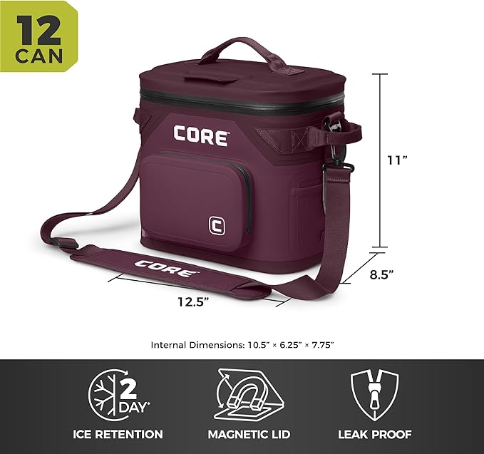CORE Magnetic Leak Proof Soft Cooler with Waterproof Zipper | Insulated Bag Portable Ice Chest Box | Best Soft Cooler for Food & Beverages for Tailgating, Car Camping, Travel, and Family Beach Picnics