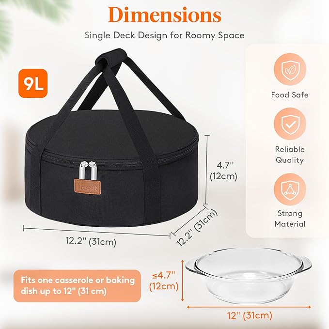 Lifewit Insulated Single Decker Round Casserole Carrier, Portable Pie Carrier Bag for Hot or Cold Food, Fits 12.5" Baking Dish, Thermal Lunch Tote for Potluck Parties, Picnic and Cookouts, Black
