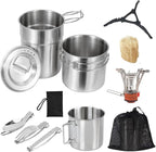 BeGrit Camping Cups Mugs Stainless Steel Camping Pot Food Grade Metal Camping Cookware with Folding Spoon, Vented Lids