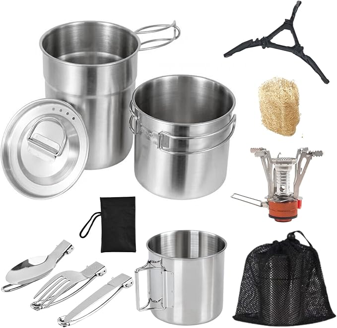 BeGrit Camping Cups Mugs Stainless Steel Camping Pot Food Grade Metal Camping Cookware with Folding Spoon, Vented Lids