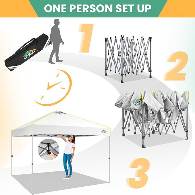 COBIZI 10x10 Pop Up Canopy Tent, Outdoor Party Tent Without Sidewall One Push Setup Glow, 3 Adjustable Height Air Vent Waterproof UPF50+, Bag, 4 Sandbag, 8 Stake, 4 Rope for Beach, Commercial