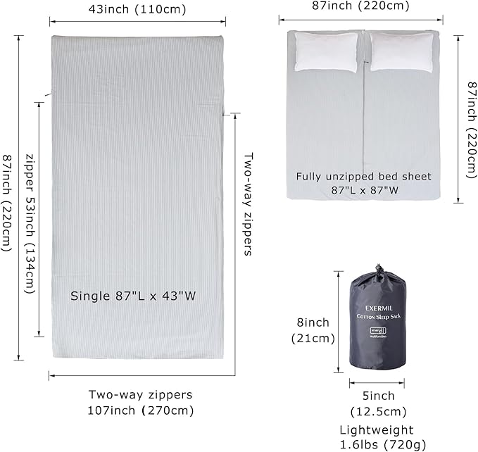 100% Cotton Sleeping Bag Liner with Full Length Zipper on 3 Sides; Single/Double Adult Sleep Sack for Travel & Camping, Multifunctional Travel Sheets (Unzipped 87”x87”) for Hotel, Lightweight