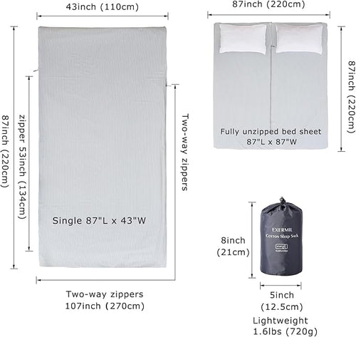100% Cotton Sleeping Bag Liner with Full Length Zipper on 3 Sides; Single/Double Adult Sleep Sack for Travel & Camping, Multifunctional Travel Sheets (Unzipped 87”x87”) for Hotel, Lightweight