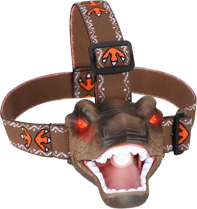 Dinosaur Kids Headlamp, T-Rex Dinosaur Led Headlamp Flashlight, Dinosaur Toy Headlamp Flashlight with 4 Lighting Mode for Boys, Girls’ Camping, Hiking, Reading and Party (Brown)
