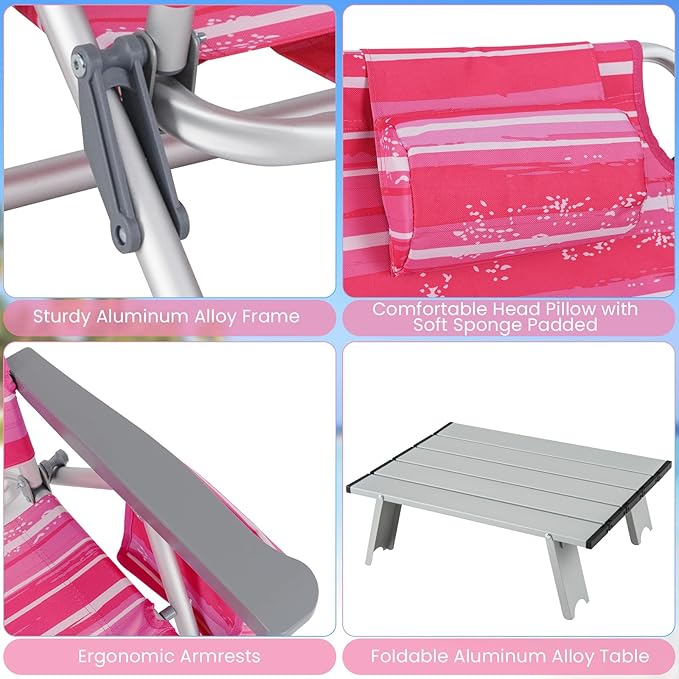 GYMAX Beach Chairs, Backpack Camping Chair with Armrest, Cooler Bag, Cup Holder, Towel Bar & Side Pockets, Sunbath Sling Tanning Lounge, Folding Layout Chair (with Table, Pink Stripe)