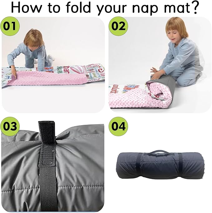 Personalized Toddler Nap Mat for Preschool, Custom Name Kids Sleeping Bag for Daycare, Kindergarten Roll Up Sleeping Mat with Removable Pillow and Soft Blanket, Fun Themes for Boys & Girls