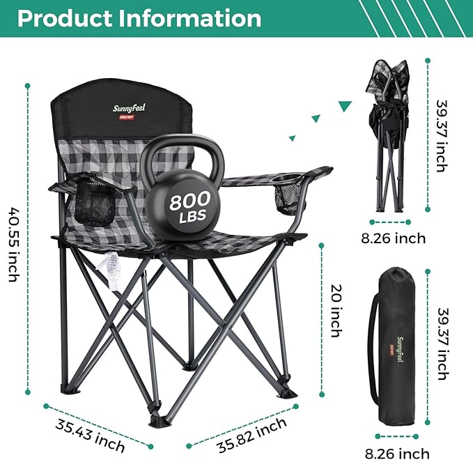 SUNNYFEEL Oversized Folding Camping Chair 800 LBS Heavy Duty for Big Tall People Red Padded Portable Collapsible Chairs with Armrest Cup Holder & Pocket for Outdoor Travel Picnic Camp Sports
