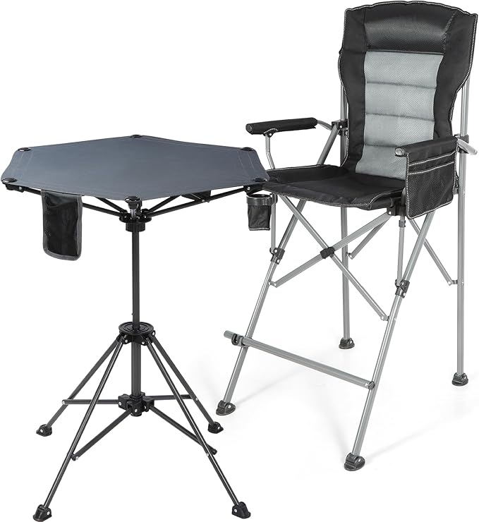 Extra Tall Folding Chairs & Adjustable Height Folding Table Set, Portable Outdoor Bar Table & Foldable Director Chairs with Makeup Pocket for Backyard,Beach,Travel with Storage Bag