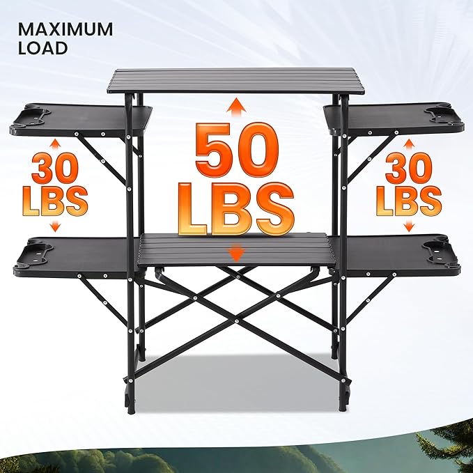 Slim-Fold Camping Kitchen Table, Metal Folding Portable Outdoor Cook Station with 4 Side Tables, 2 Storage Shelves & Carrying Bag, Heat Resistant Quick Set-Up for Picnic BBQ
