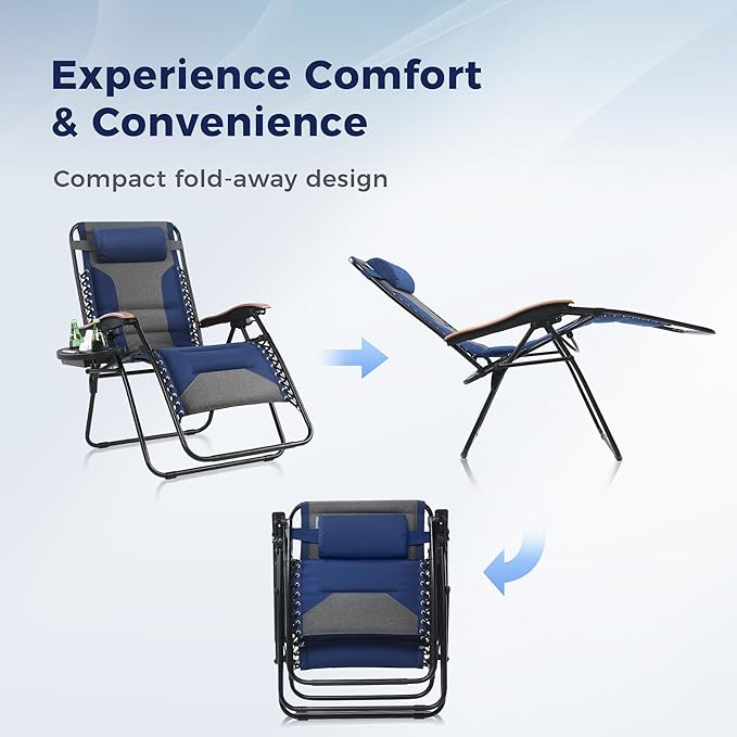 MAISON ARTS Oversized XXL Padded Zero Gravity Chair Set of 2, 30" Wide Seat Foldable Patio Recliner, Anti Gravity Outdoor Lawn Chair with Cup Holder & Pillow, Supports 400lbs, Blue & Grey