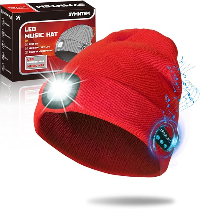 Gifts for Men, Rechargeable Bluetooth Music Unisex Beanie Hat with Light, Valentines Day Gifts for Him, Birthday Gifts for Men, Women, Red