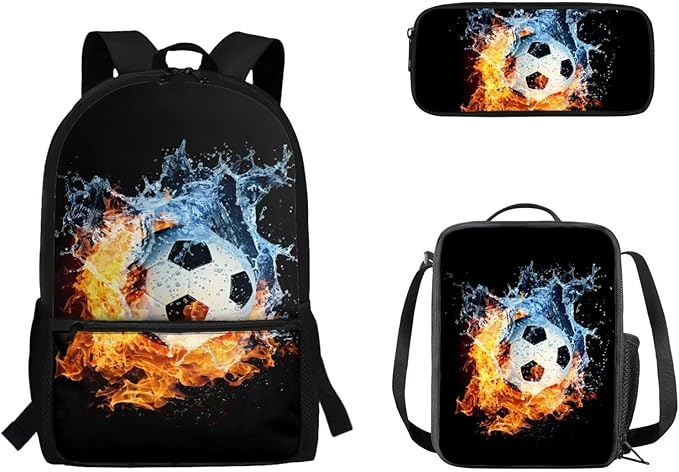 3 Pcs Water and Fire Football Printing Bag Sets Matching Portable Lunch Bag and Large Capacity Pencil Case for Kids Activities Outdoor Festival Gift