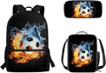 3 Pcs Water and Fire Football Printing Bag Sets Matching Portable Lunch Bag and Large Capacity Pencil Case for Kids Activities Outdoor Festival Gift