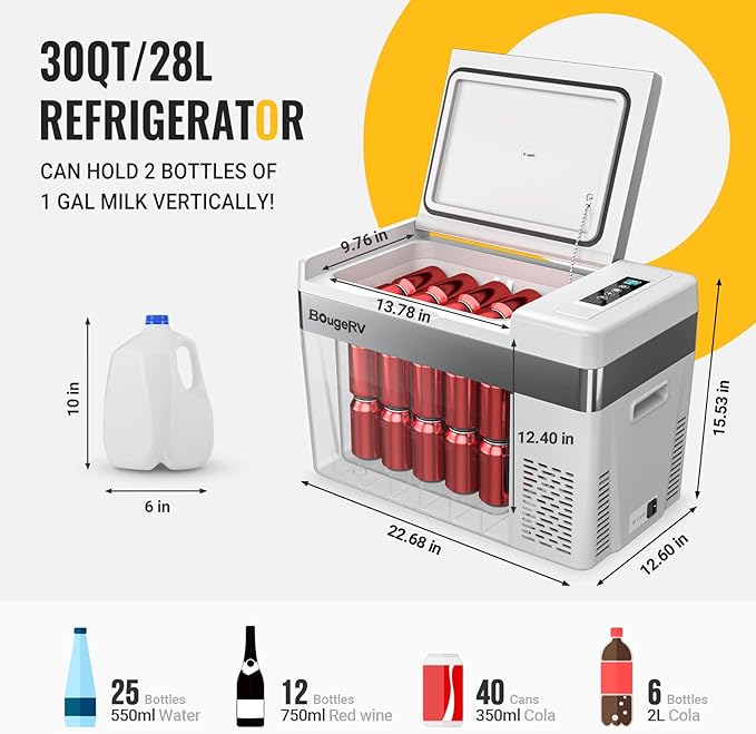 BougeRV 12 Volt Refrigerator, 30 Quart Portable Freezer, 12V Car Fridge Compressor Cooler -8℉~50℉, 12/24V DC, 110~240 Volt AC, for Truck RV SUV, Camping, Road Trip, Travel