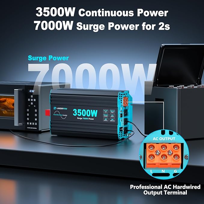 3500W Pure Sine Wave Inverter 24V DC to 120V AC for RV, Truck, Home, Off-Grid, Solar Power Inverter with 3 AC Outlet, 30W Type-C, 5V/3.1A USB, Hardwire Port, 15FT Remote Control, Surge 7000W