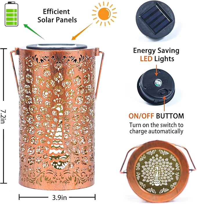 2 Pack Peacock Outdoor Solar Hanging Lanterns Waterproof LED Solar Lights Metal Decorative Lanterns for Garden, Patio, Courtyard, Backyard, Yard Decor Unique Peacock Gifts for Women Gardening