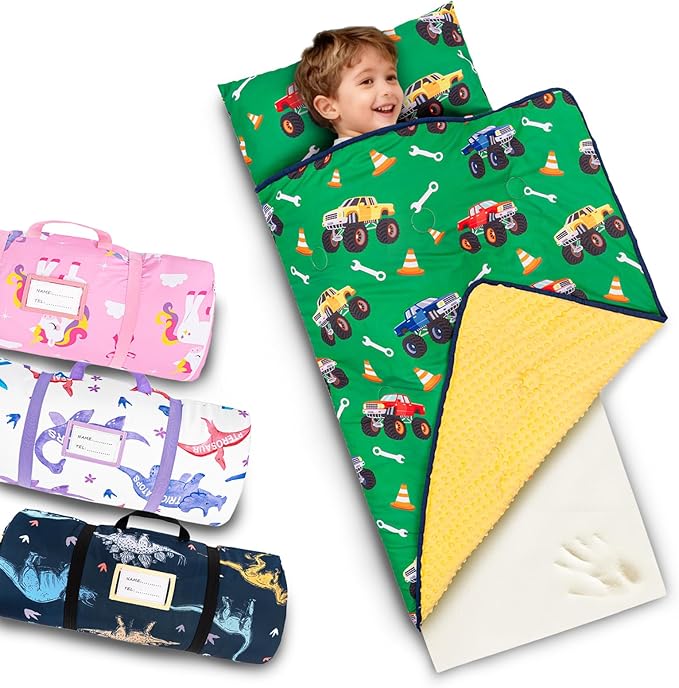 Primlect Toddler Thickened Foam Nap Mat with Pillow, Extra Large 55"x35", Soft, Supportive Sleeping Bag with Detachable, Washable Cover, for Sleepover, Home, Travel, Boys and Girls