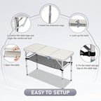 VINGLI Small Folding Table Portable 3FT Aluminum Foldable Camping Table for Picnic Card Table with 3 Adjustable Height & Carry Handle for Outdoor Indoor Hiking Camp BBQ Beach-White