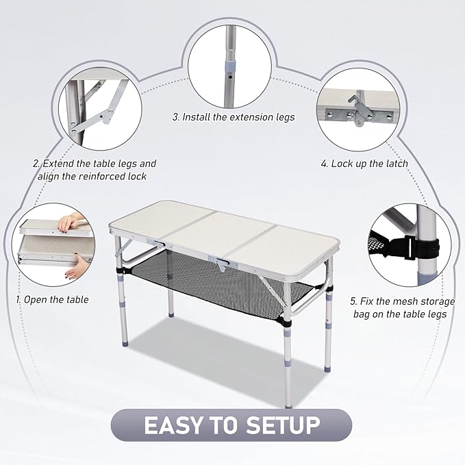 VINGLI Small Folding Table Portable 3FT Aluminum Foldable Camping Table for Picnic Card Table with 3 Adjustable Height & Carry Handle for Outdoor Indoor Hiking Camp BBQ Beach-White