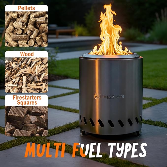 Tabletop Fire Pit by AmazStove, Low Smoke Camping Stove for Outdoor Safe Burning Firepits, Mini Fire Pit, Fueled Pellets or Wood, Travel Bag Included (8.0 x 5.8 INCH-Silver)