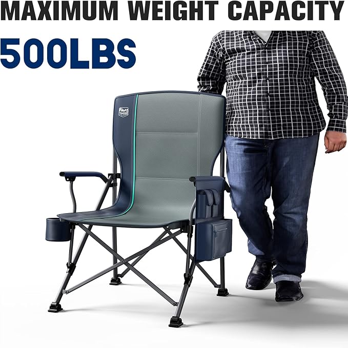Timber Ridge 500lbs Oversized Folding Camping Chair, Heavy Duty Lawn Chair for Adults, Portable Collapsible High Back Chair with Cup Holder, Side Pocket Cooler Bag, for Outdoor, Sports, Blue