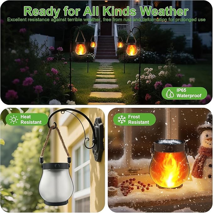 Solar Lanterns Outdoor Waterproof - 2 Pack Flickering Flame Hanging Lights with 2 Modes & Solar USB Dual Charging for Outside Yard Garden Patio Porch Pathway Tabletop Holiday Decor