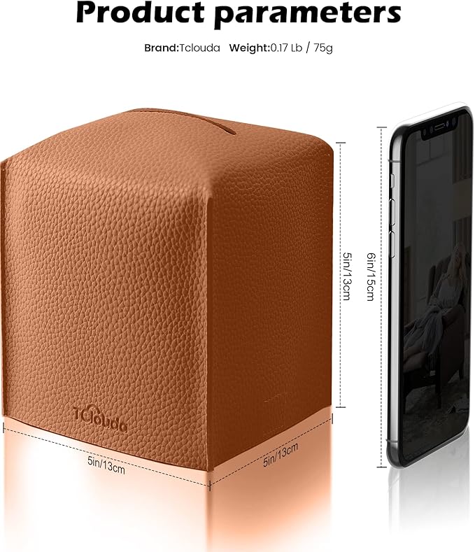 Tissue Box Cover for PU Leather, Modern Simple Solid Color Holder Square Tissue Bag, Ideal for Bathrooms,Office,Car,Nightstand,Outdoor Tent,Dining Table,5"X5"X5", Single Camel