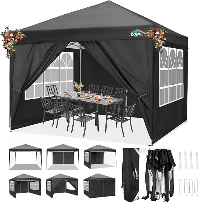 COBIZI 10x10 Pop Up Canopy Tent with 4 Sidewalls Party Tents Waterproof UPF 50+ Commercial Instant Outdoor Events Tent for Parties Markets Backyard, Ropes（10 x 10 ft Black