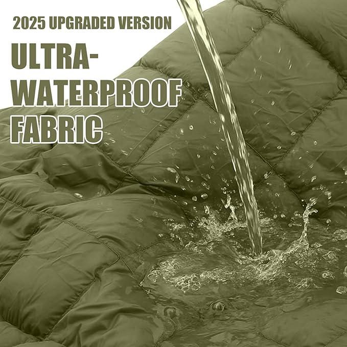 Upgraded Hooded Down Camping Blanket Waterproof 650 Fill Puffy Poncho Blanket 77" x 50" Packable Wearable Sleeping Bag with Detachable Hat Outdoor Stadium Camping, 1.36 lb(Olive Green)