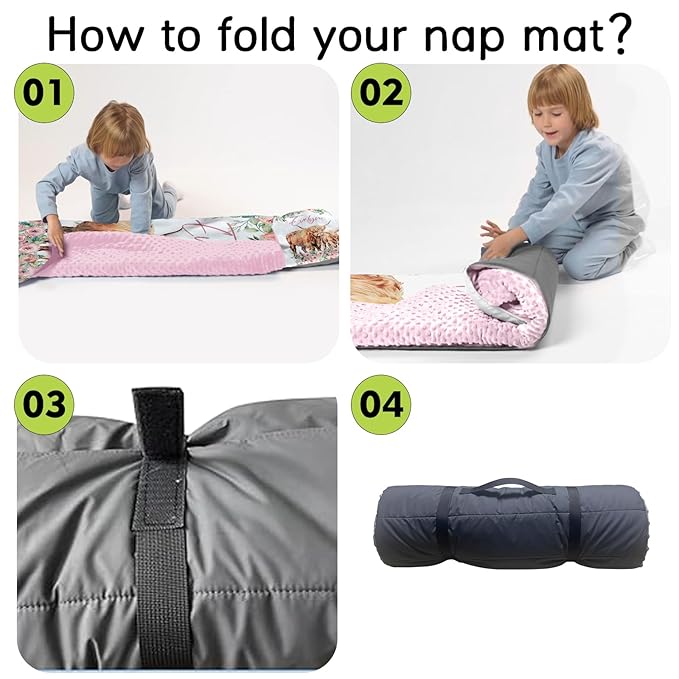 Custom Toddler Nap Mat for Preschool, Personalized Name Kids Sleeping Bag with Highland Cow Pattern for Daycare, Roll Up Sleeping Mat with Removable Pillow and Soft Dot Minky Blanke for Girls Camping