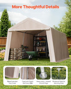 VEVOR 10 × 15 ft Outdoor Storage Shed Tent with Heavy-Duty Steel Frame, 2 Roll-Up Doors & Air Vents, Waterproof Portable Garage Carport Shelter for Motorcycle, Lawn Mower, Garden Tools – Beige