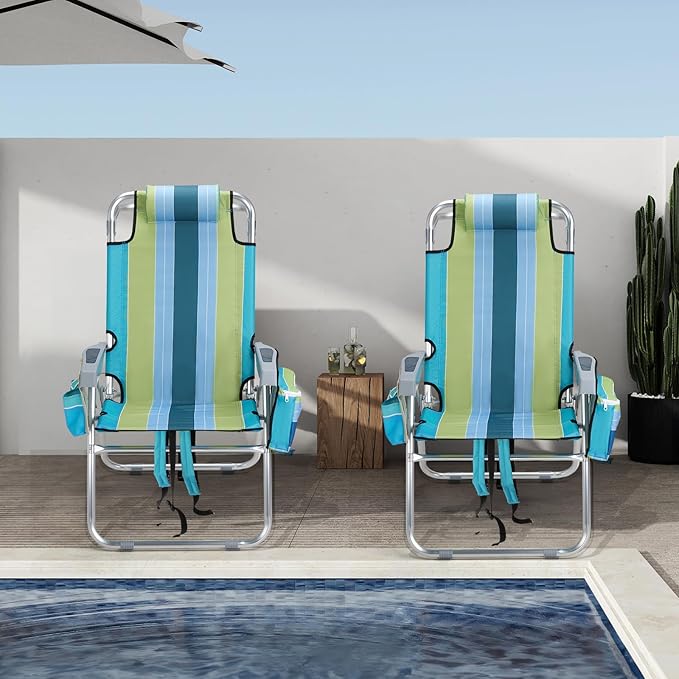 VINGLI Tall Beach Chair 2 Pack Lightweight, Backpack Beach Chair for Adults with 5-Position, Cooler Bag, Cup Holders, Towel Bar, Lightweight Folding Beach Camping Chairs （Blue/Green-16
