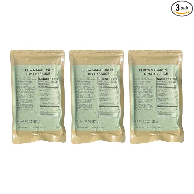 MRE (Meal-Ready-to-Eat) | Single Serving Entree | Emergency Meals | Survival Food | Fresh Dates | Long Shelf Life | Made in USA (3-Pack, Elbow Macaroni in Tomato Sauce)