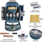 Sunflora Picnic Backpack for 4 Person Set Pack with Insulated Waterproof Pouch for Family Outdoor Camping(Blue & Stripe)